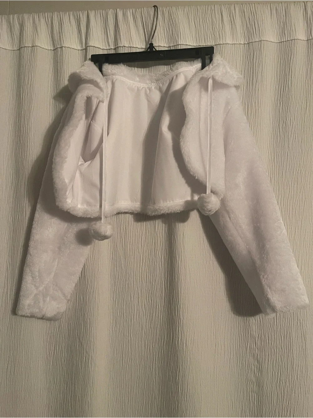 Girls White Hooded Fuzzy Jacket with Pom-Pom Ties